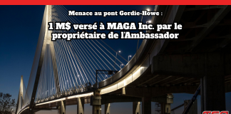 Pont Gordie-Howe : un don de 1 million à MAGA Inc. soulève des questions Photo du Pont Gordie-Howe avec le texte : Menace au pont Gordie-Howe, 1 M$ versé à MAGA Inc par le propriétaire du Pont Ambassador.