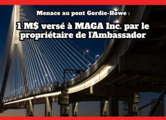 Pont Gordie-Howe : un don de 1 million à MAGA Inc. soulève des questions Photo du Pont Gordie-Howe avec le texte : Menace au pont Gordie-Howe, 1 M$ versé à MAGA Inc par le propriétaire du Pont Ambassador.
