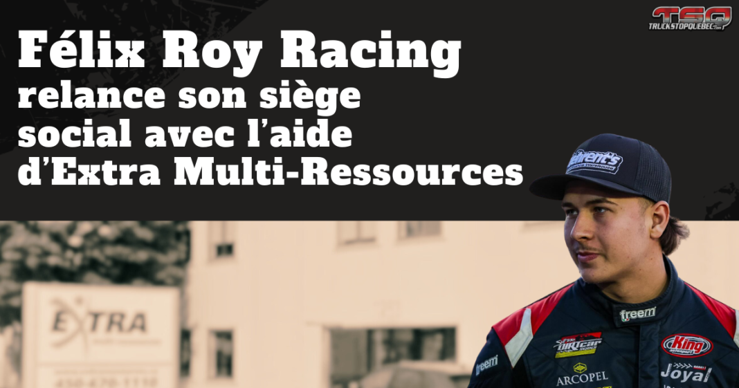Félix Roy Racing relance son siège social avec l’aide d’Extra Multi-Ressources. Image : Félix Roy en combinaison de course devant le bâtiment d'Extra.