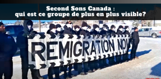 Second Sons Canada : qui est ce groupe de plus en plus visible au pays? Manifestation de membres de Second Sons Canada alignés en hiver, le visage couvert, tenant une grande banderole sur laquelle on peut lire « REMIGRATION NOW », avec le texte graphique « Second Sons Canada : qui est ce groupe de plus en plus visible? ».