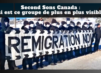 Second Sons Canada : qui est ce groupe de plus en plus visible au pays? Manifestation de membres de Second Sons Canada alignés en hiver, le visage couvert, tenant une grande banderole sur laquelle on peut lire « REMIGRATION NOW », avec le texte graphique « Second Sons Canada : qui est ce groupe de plus en plus visible? ».
