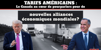 Face aux tarifs américains, le Canada cherche à rapprocher d’importants partenaires commerciaux de l’UE et de l’Indo-Pacifique Graphique montrant Donald Trump et Mark Carney devant des camions, illustrant les tarifs américains et le rôle du Canada dans des pourparlers économiques internationaux.