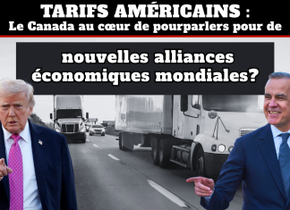 Face aux tarifs américains, le Canada cherche à rapprocher d’importants partenaires commerciaux de l’UE et de l’Indo-Pacifique Graphique montrant Donald Trump et Mark Carney devant des camions, illustrant les tarifs américains et le rôle du Canada dans des pourparlers économiques internationaux.