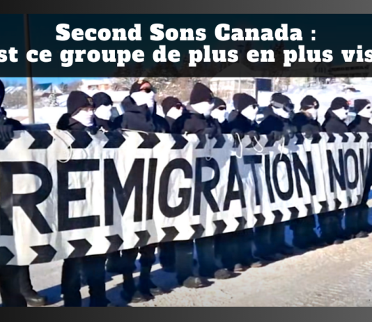 Second Sons Canada : qui est ce groupe de plus en plus visible au pays? Manifestation de membres de Second Sons Canada alignés en hiver, le visage couvert, tenant une grande banderole sur laquelle on peut lire « REMIGRATION NOW », avec le texte graphique « Second Sons Canada : qui est ce groupe de plus en plus visible? ».