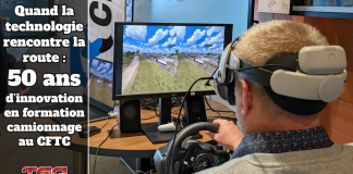 Quand la technologie rencontre la route : 50 ans d’innovation en formation camionnage au CFTC Unité de réalité virtuelle au Centre de Formation en Transport de Charlesbourg (CFTC), et le texte : Quand la technologie rencontre la route : 50 ans d'innovation en formation camionnage au CFTC.
