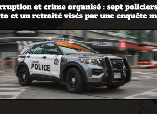 Corruption et crime organisé : sept policiers de Toronto et un retraité visés par une enquête majeure Véhicule du Service de police de Toronto circulant en milieu urbain, accompagné du texte sur le graphique : « Corruption et crime organisé : sept policiers de Toronto et un retraité visés par une enquête majeure ». Image illustrant une enquête policière d’envergure liée au crime organisé et à la corruption au sein des forces de l’ordre à Toronto.