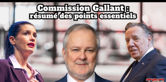 Commission Gallant et SAAQclic : résumé des points essentiels Commission Gallant résumé des points essentiels. Denis Gallant au centre, Geneviève Guilbault et François Legault en arrière-plan, avec le texte : Commission Gallant : résumé des points essentiels.