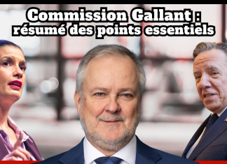 Commission Gallant et SAAQclic : résumé des points essentiels Commission Gallant résumé des points essentiels. Denis Gallant au centre, Geneviève Guilbault et François Legault en arrière-plan, avec le texte : Commission Gallant : résumé des points essentiels.