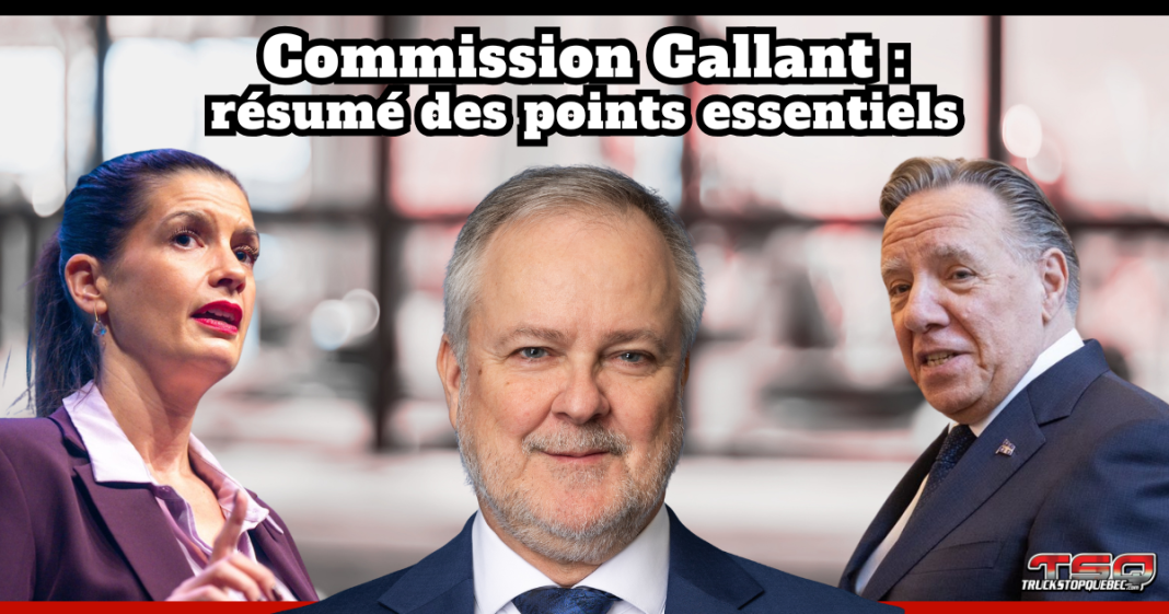 Commission Gallant résumé des points essentiels. Denis Gallant au centre, Geneviève Guilbault et François Legault en arrière-plan, avec le texte : Commission Gallant : résumé des points essentiels.