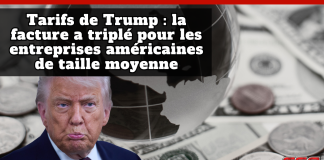 Tarifs douaniers : le fardeau retombe sur les entreprises et les consommateurs américains Photo de Donald Trump, sur un arrière-plan d'argent américain, et le texte : Tarifs douaniers : la facture a triplé pour les entreprises américaines de taille moyenne.