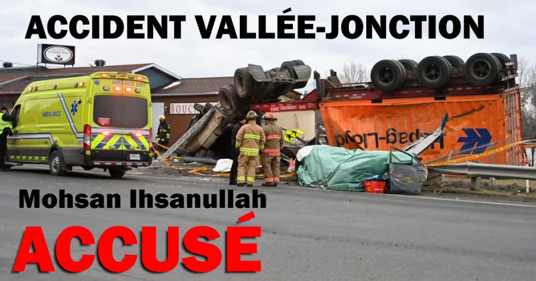 Accident à Vallée-Jonction impliquant un camion lourd renversé, intervention des secours après le décès d’Alexandra Poulin, dossier menant à l’arrestation du chauffeur Mohsan Ihsanullah