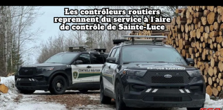 Les contrôleurs routiers reprennent du service à l’aire de contrôle de Sainte-Luce Reprise des activités à l’aire de contrôle de Sainte-Luce par les contrôleurs routiers (image des véhicules de Contrôle Routier Québec).