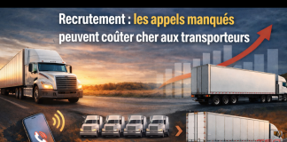 Recrutement : les appels manqués peuvent coûter cher aux transporteurs Camions semi-remorques sur la route avec un téléphone affichant un appel manqué, illustrant l’impact des appels non répondus dans le recrutement des camionneurs.