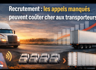 Recrutement : les appels manqués peuvent coûter cher aux transporteurs Camions semi-remorques sur la route avec un téléphone affichant un appel manqué, illustrant l’impact des appels non répondus dans le recrutement des camionneurs.