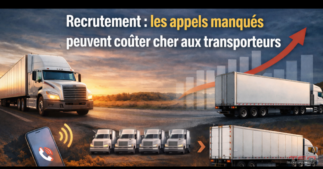 Camions semi-remorques sur la route avec un téléphone affichant un appel manqué, illustrant l’impact des appels non répondus dans le recrutement des camionneurs.