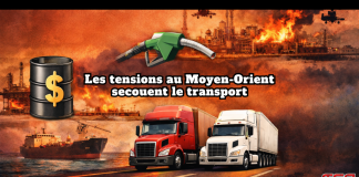 Diesel et pétrole en forte volatilité, les tensions au Moyen-Orient secouent le transport Diesel et pétrole en forte volatilité, les tensions au Moyen-Orient secouent le transport. Image : site pétrolier en feu, pistolet de carburant, prix du baril et camions.