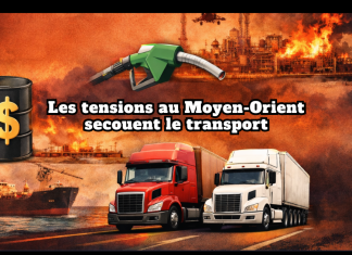 Diesel et pétrole en forte volatilité, les tensions au Moyen-Orient secouent le transport Diesel et pétrole en forte volatilité, les tensions au Moyen-Orient secouent le transport. Image : site pétrolier en feu, pistolet de carburant, prix du baril et camions.