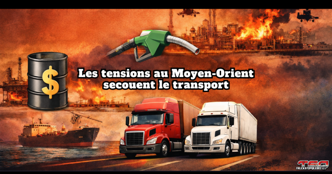 Diesel et pétrole en forte volatilité, les tensions au Moyen-Orient secouent le transport. Image : site pétrolier en feu, pistolet de carburant, prix du baril et camions.