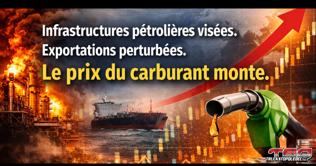 Graphique d’actualité montrant une raffinerie en feu, un pétrolier en mer et un pistolet de diesel devant une flèche rouge à la hausse, avec le texte « Infrastructures pétrolières visées. Exportations perturbées. Le prix du carburant monte. » illustrant l’impact du conflit au Moyen-Orient sur le prix du diesel et le camionnage.