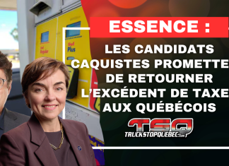 Hausse du prix de l’essence : les candidats caquistes promettent de retourner l’excédent de taxes aux Québécois Bernard Drainville et Christine Fréchette devant une pompe à essence dans une station-service, avec un visuel indiquant que les candidats caquistes promettent de retourner aux Québécois l’excédent de taxes généré par la hausse du prix de l’essence.