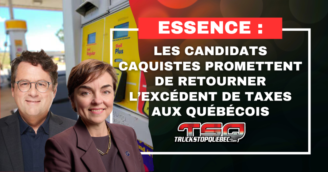 Bernard Drainville et Christine Fréchette devant une pompe à essence dans une station-service, avec un visuel indiquant que les candidats caquistes promettent de retourner aux Québécois l’excédent de taxes généré par la hausse du prix de l’essence.