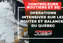 Contrôleurs routiers et SQ : opérations intensives sur les routes et balances du Québec Gros blocs de glace tombés du toit d’une remorque de camion lors d’un contrôle routier, image utilisée pour illustrer les opérations des contrôleurs routiers et de la SQ au Québec.