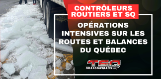 Contrôleurs routiers et SQ : opérations intensives sur les routes et balances du Québec Gros blocs de glace tombés du toit d’une remorque de camion lors d’un contrôle routier, image utilisée pour illustrer les opérations des contrôleurs routiers et de la SQ au Québec.