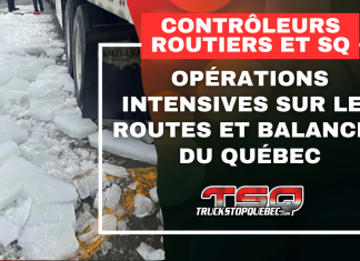 Contrôleurs routiers et SQ : opérations intensives sur les routes et balances du Québec Gros blocs de glace tombés du toit d’une remorque de camion lors d’un contrôle routier, image utilisée pour illustrer les opérations des contrôleurs routiers et de la SQ au Québec.