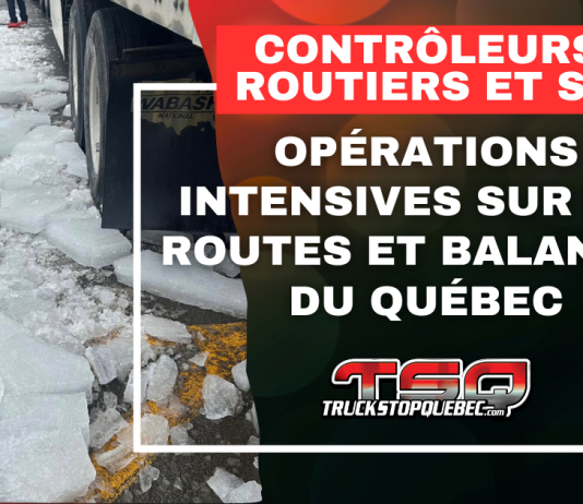 Contrôleurs routiers et SQ : opérations intensives sur les routes et balances du Québec Gros blocs de glace tombés du toit d’une remorque de camion lors d’un contrôle routier, image utilisée pour illustrer les opérations des contrôleurs routiers et de la SQ au Québec.
