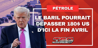 Pétrole : le baril pourrait dépasser 180$ US d’ici la fin avril TEXTE: Pétrole : le baril pourrait dépasser 180 $ US d’ici la fin avril. IMAGE : Donald Trump et circulation routière.