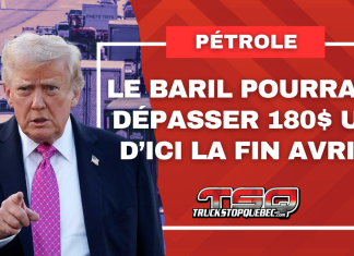 Pétrole : le baril pourrait dépasser 180$ US d’ici la fin avril TEXTE: Pétrole : le baril pourrait dépasser 180 $ US d’ici la fin avril. IMAGE : Donald Trump et circulation routière.
