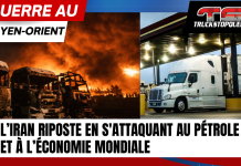 Guerre au Moyen-Orient : L’Iran riposte en s’attaquant au pétrole Camions brûlés devant un incendie au Moyen-Orient et camion au diesel dans une station-service, illustrant l’impact de la guerre Iran–États-Unis sur le pétrole et le transport routier.