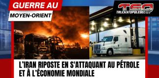 Guerre au Moyen-Orient : L’Iran riposte en s’attaquant au pétrole Camions brûlés devant un incendie au Moyen-Orient et camion au diesel dans une station-service, illustrant l’impact de la guerre Iran–États-Unis sur le pétrole et le transport routier.