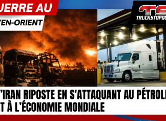 Guerre au Moyen-Orient : L’Iran riposte en s’attaquant au pétrole Camions brûlés devant un incendie au Moyen-Orient et camion au diesel dans une station-service, illustrant l’impact de la guerre Iran–États-Unis sur le pétrole et le transport routier.