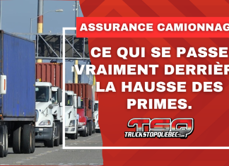 Assurance camionnage : pour mieux comprendre pourquoi les primes explosent dans l’industrie Camions en file dans un terminal de conteneurs illustrant l’article « Assurance camionnage : pour mieux comprendre pourquoi les primes explosent dans l’industrie » publié par Truck Stop Québec.
