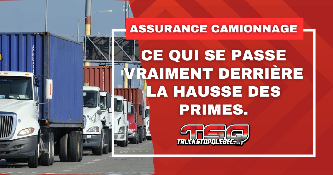Camions en file dans un terminal de conteneurs illustrant l’article « Assurance camionnage : pour mieux comprendre pourquoi les primes explosent dans l’industrie » publié par Truck Stop Québec.