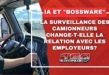 Intelligence artificielle et « bossware » : quel impact sur la relation entre camionneurs et employeurs? Camionneur au volant d’un camion avec caméra et équipements électroniques dans la cabine, accompagné d’un graphique indiquant « Intelligence artificielle et Bossware : la surveillance des camionneurs change-t-elle la relation avec les employeurs? » avec le logo de Truck Stop Québec.