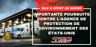 Une coalition de 24 États poursuit l’Agence de protection de l’environnement des États-Unis Une coalition de 24 États américains, avec l’appui de plusieurs villes et comtés, poursuit l’Agence de protection de l’environnement des États-Unis (EPA) après le retrait, sous l’administration Trump, de la base qui permettait de réglementer les gaz à effet de serre (image d'une station de carburant pour camions).