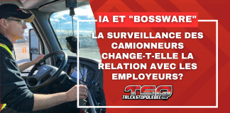 Intelligence artificielle et « bossware » : quel impact sur la relation entre camionneurs et employeurs? Camionneur au volant d’un camion avec caméra et équipements électroniques dans la cabine, accompagné d’un graphique indiquant « Intelligence artificielle et Bossware : la surveillance des camionneurs change-t-elle la relation avec les employeurs? » avec le logo de Truck Stop Québec.