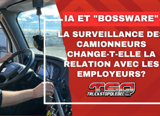 Intelligence artificielle et « bossware » : quel impact sur la relation entre camionneurs et employeurs? Camionneur au volant d’un camion avec caméra et équipements électroniques dans la cabine, accompagné d’un graphique indiquant « Intelligence artificielle et Bossware : la surveillance des camionneurs change-t-elle la relation avec les employeurs? » avec le logo de Truck Stop Québec.
