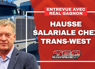 Hausse salariale : Trans-West pose un geste fort pour ses routiers Réal Gagnon et camions de Trans-West au terminal de Lachine. Texte sur l'image : Hausse salariale chez Trans-West.