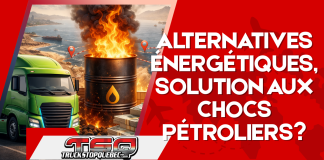 Camions électriques, hydrogène, gaz naturel : les alternatives peuvent-elles protéger le transport des chocs pétroliers? Illustration de camion électrique, baril de pétrole en flammes et détroit d’Ormuz avec navires détournés illustrant l’article « Camions électriques, hydrogène, gaz naturel : les alternatives peuvent-elles protéger le transport des chocs pétroliers? »