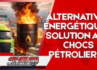 Camions électriques, hydrogène, gaz naturel : les alternatives peuvent-elles protéger le transport des chocs pétroliers? Illustration de camion électrique, baril de pétrole en flammes et détroit d’Ormuz avec navires détournés illustrant l’article « Camions électriques, hydrogène, gaz naturel : les alternatives peuvent-elles protéger le transport des chocs pétroliers? »
