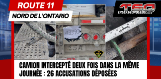 Camion intercepté deux fois sur la route 11 en Ontario : 26 accusations déposées Montage d’images montrant un camion lourd intercepté sur la route 11 dans le nord de l’Ontario, incluant une plaque d’immatriculation écrite à la main, des pièces mécaniques défectueuses et une mesure de frein inspectée par la police provinciale de l’Ontario (OPP).