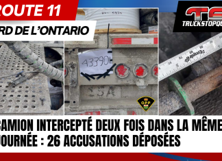 Camion intercepté deux fois sur la route 11 en Ontario : 26 accusations déposées Montage d’images montrant un camion lourd intercepté sur la route 11 dans le nord de l’Ontario, incluant une plaque d’immatriculation écrite à la main, des pièces mécaniques défectueuses et une mesure de frein inspectée par la police provinciale de l’Ontario (OPP).