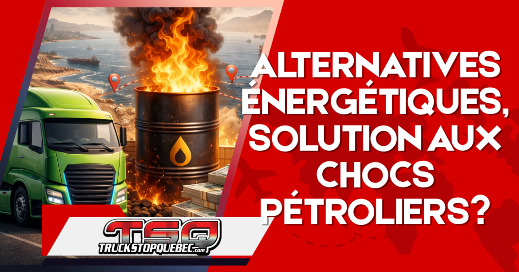 Illustration de camion électrique, baril de pétrole en flammes et détroit d’Ormuz avec navires détournés illustrant l’article « Camions électriques, hydrogène, gaz naturel : les alternatives peuvent-elles protéger le transport des chocs pétroliers? »