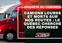 Camions lourds et morts sur nos routes : le Québec cherche des réponses Plusieurs camions lourds, dont un camion rouge au premier plan, avec le texte « ENQUÊTE DU CORONER » et « CAMIONS LOURDS ET MORTS SUR NOS ROUTES : LE QUÉBEC CHERCHE DES RÉPONSES », ainsi que le logo TSQ dans le bas de l’image.