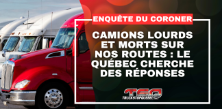 Camions lourds et morts sur nos routes : le Québec cherche des réponses Plusieurs camions lourds, dont un camion rouge au premier plan, avec le texte « ENQUÊTE DU CORONER » et « CAMIONS LOURDS ET MORTS SUR NOS ROUTES : LE QUÉBEC CHERCHE DES RÉPONSES », ainsi que le logo TSQ dans le bas de l’image.