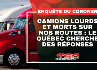 Camions lourds et morts sur nos routes : le Québec cherche des réponses Plusieurs camions lourds, dont un camion rouge au premier plan, avec le texte « ENQUÊTE DU CORONER » et « CAMIONS LOURDS ET MORTS SUR NOS ROUTES : LE QUÉBEC CHERCHE DES RÉPONSES », ainsi que le logo TSQ dans le bas de l’image.