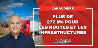 Lanaudière reçoit plus de 272 M$ pour ses routes et ses infrastructures Jonatan Julien apparaît devant un camion rouge sur une image annonçant plus de 272 M$ investis dans les routes et les infrastructures de Lanaudière.